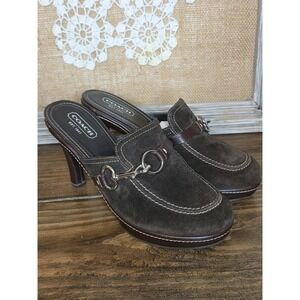 COACH Brown Suede Platform High Heel Mules CLEO Clip & Ring Clogs Shoes 9 B‎